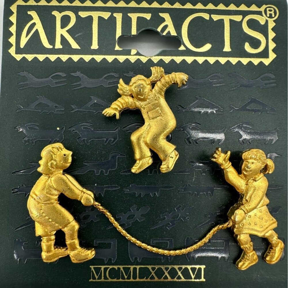 Vintage Artifacts Kids Jumping Rope Gold Tone Pin Set 1986 Playful Brooch Trio - Picture 3 of 5